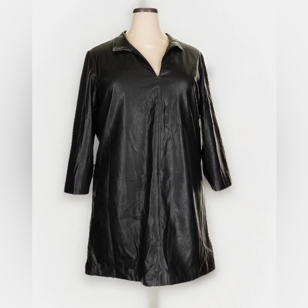 Tuckernuck Black Faux Leather Clifton Dress Sz XXL Mini Length V-Neck Shift